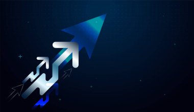 Altıgen piksellerden oluşan yukarı doğru dijital oklar, büyümeyi sembolize eden yukarı doğru noktalar, yukarı doğru ilerleyen ve net bir yön gösteren kalın bir ok.