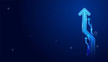 Koyu mavi teknoloji arka planında iş büyüme oku ve Dinamik ok tasarımı gelişmekte olan ve gelişmekte olan bir yeniliği temsil ediyor. vektör illüstrasyonu