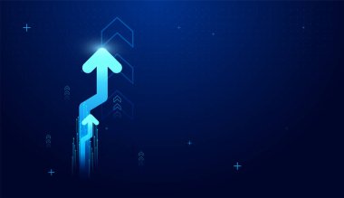 Hareket eden ok vektörü, dijital mavi ok grupları ve finans alanındaki artış ve ilerlemeyi göstermektedir.