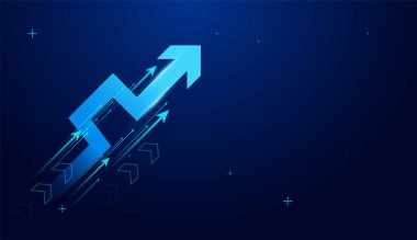 Karanlık teknoloji arka planında büyüyen finans ve iş oku mavisi, Parlayan ok net bir nokta göstermekte ve finans hedefine doğru ilerlemektedir. vektör illüstrasyonu