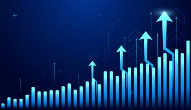 Büyüyen sütun grafikleriyle ekonomik ve finans oklarının güçlü eğilimi, yükselen oklar istikrarlı bir artışın güçlü bir finans noktasını vurguluyor. vektör