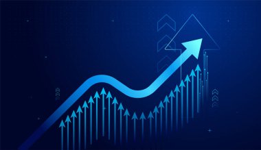 Artan oklar, açık hedef kavramlarına doğru her noktayı geçerek açık bir hedef kavramına doğru ilerleyen koyu mavi arka planda finans ve budistliği gösteriyor.