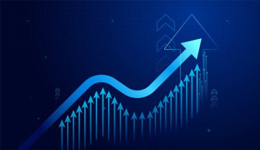 Artan oklar, açık hedef kavramlarına doğru her noktayı geçerek açık bir hedef kavramına doğru ilerleyen koyu mavi arka planda finans ve budistliği gösteriyor.