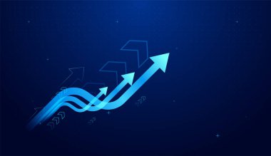 Finansın pürüzsüz ok eğrileri değişim boyunca yükseliyor ve hala artıyor. Finansal grafik mavi arkaplan üzerinde yukarı doğru çizgi ve oklar