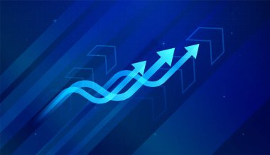 Akan bir okun yukarı doğru hareket ettiği noktalar finans ve teknoloji arka planında açık bir hedefe doğru finansal büyümenin her noktasını işaretler.