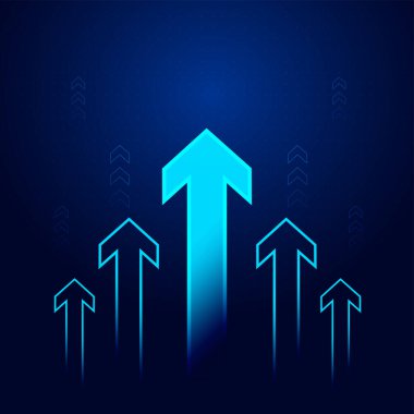 Parlayan ok her ilerleme noktasını geçerek güçlü bir finans yönünü gösteriyor. parlak ok yukarı doğru vektör dijital biçimini gösterir