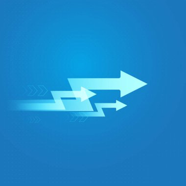 Oklar mavi arkaplanı yukarı doğru işaret ederek, finansal büyümeyi ve net bir hedefe doğru sürekli artışı sembolize ediyor. Çoklu oklar net bir yön noktası oluşturur