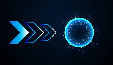 Daha küçük oklar yayılarak, kuantum buluşlarını ve dijital yaşam artışını vurgularken, merkezi bir ok kompozisyonu sabitler. Ve oklarla dolu parlayan küre teknolojinin, kuantum enerjisinin ve dijital yaşam gelişiminin birleşimini temsil ediyor.