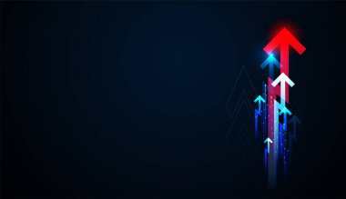 Dinamik Vibrant okları dijital alanda yukarı doğru yükselerek kuantum teknolojisinin finans artışını sembolize ediyor. Ve koyu kırmızı bir ok, kuantum teknolojisiyle beslenen dijital finans büyümesini temsil eden daha küçük okları daha yukarı taşır..