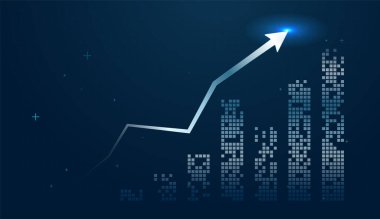 Parlak beyaz bir teknoloji oku yukarı doğru, modern teknoloji vasıtasıyla Finans ve İş dünyasındaki hızlı büyümeyi sembolize ediyor. Dijital piksellerle teknolojinin küresel finans sektöründe nasıl yukarı doğru hareket ettiğini gösteren yükselen bir çubuk grafiği oluşturulur..