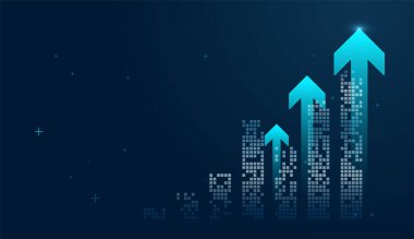 Parlayan ok, veri teknolojisi tarafından desteklenen başarılı bir iş stratejisinin göstergesi olarak mavi ızgara boyunca yükselir. ve Finans ve teknoloji kavramları, yükselen bir ok ile piyasa hakimiyetinin sinyalleri.