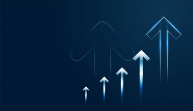 Parlayan birkaç mavi ok, modern finans sektöründe büyümenin güçlü bir görüntüsünü oluşturuyor. Ve dijital ekran, yüksek teknolojili bir işletmenin yukarı doğru momentumunu göstermek için yükselen okları grafikler olarak kullanır..