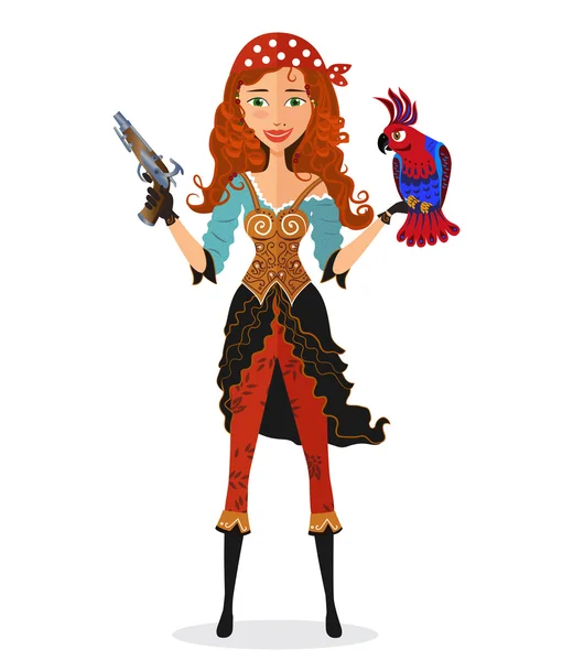 Chica pirata con loro y pistola de pólvora - vector de ilustración . — Archivo Imágenes Vectoriales