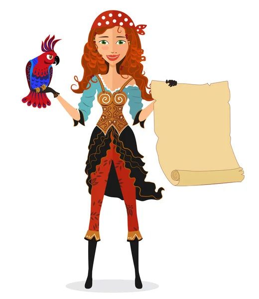 Pirat girl med scroll och en papegoja. Vektorillustration — Stock vektor
