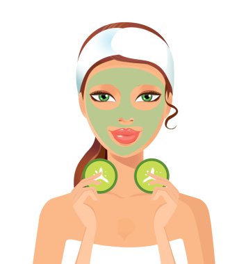 güzel bir kadın beyaz bir arka plan üzerinde izole bir gençleştirici yüz masajı yapma vektör Illustration. Spa.