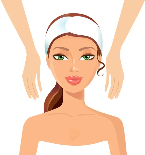 Beyaz bir arka plan üzerinde izole Spa uygulamaları alarak genç kız. Vektör.