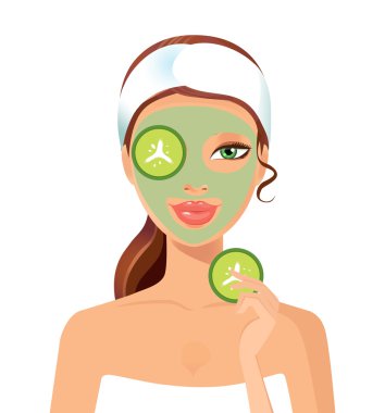 Kadın spa kozmetik yüz maskesi ile. Gülümseyen kız portre. Temiz cilt, kozmetik kavramı, taze sağlıklı yüz. Güzel model. Grafik tasarım öğesi spa ya da Güzellik Salonu poster için