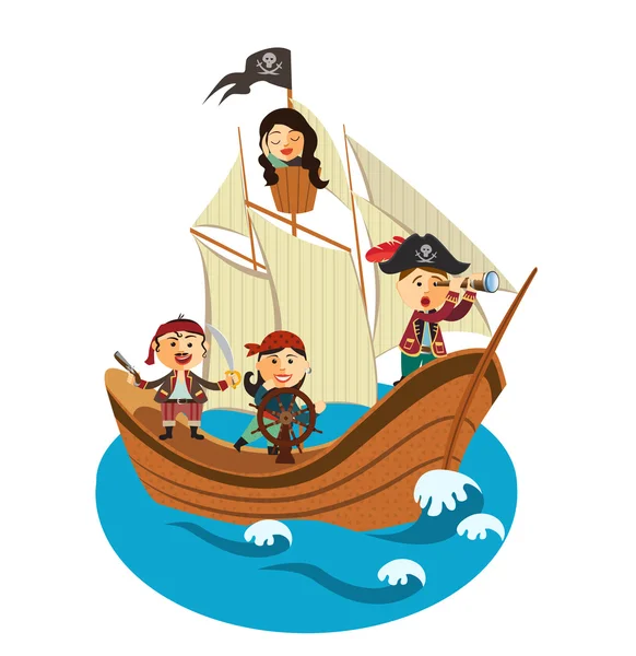 Felices piratas navegando en su barco pirata — Vector de stock
