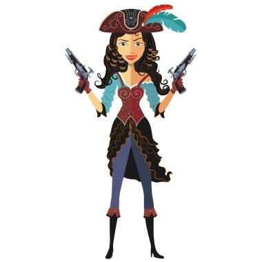 Beyaz bir arka plan üzerinde izole toz tabancası ile şirin korsan kız.