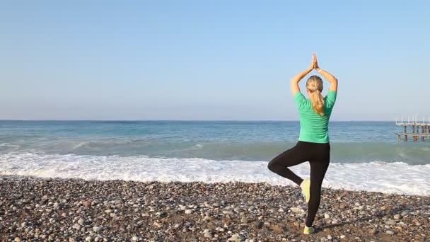 Junge Frau praktiziert Yoga bei Sonnenuntergang — Stockvideo