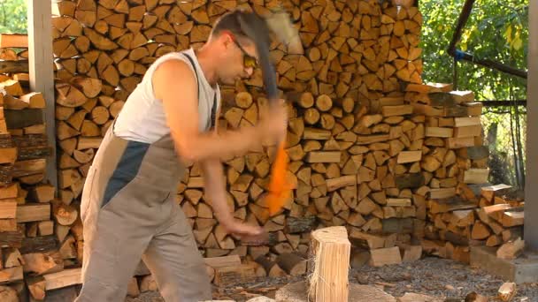 Joven yace sobre madera picada en la pila de madera — Vídeos de Stock