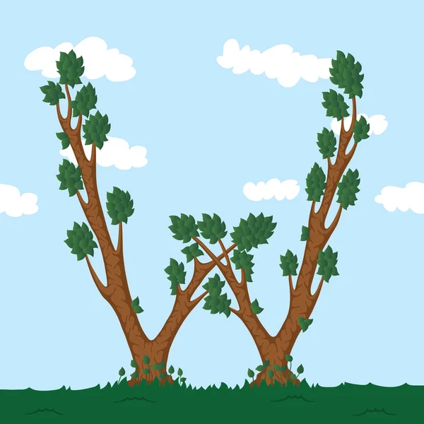 Alfabeto forestal. Ilustración La letra W de un árbol . — Vector de stock