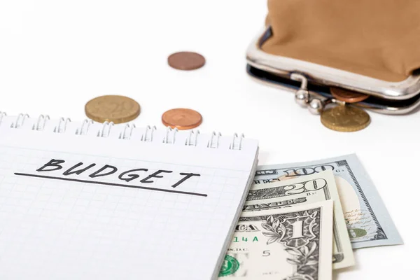 Merencanakan Biaya Keuangan Notepad Dengan Kata Budget Uang Tas — Stok Foto