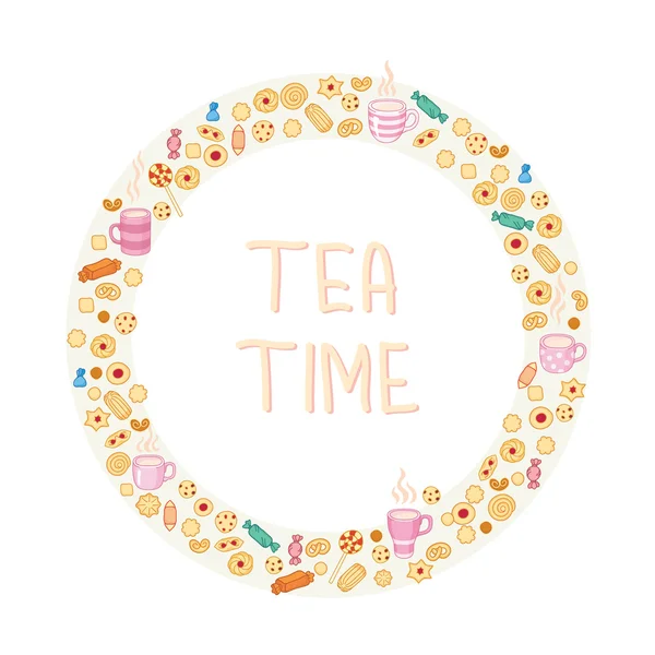 Circle frame of tea and sweets — 스톡 벡터