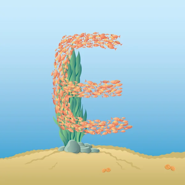 Alfabeto marino. Ilustración de una letra E bajo el agua — Vector de stock