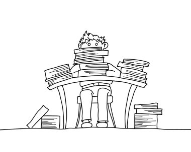 çok iş. Masa etrafında ve kağıt klasörleri bir sürü.