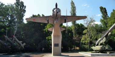 ODESSA, UKRAINE - JUNE 24, 2019: This is a I-16 fighter aircraft used in World War II at the site of the Odessa Heroic Defense Memorial.