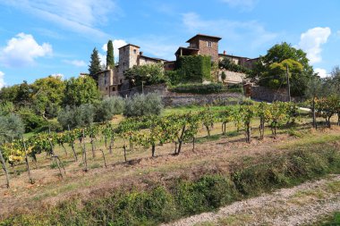 MonteFIORALLE, İTALYA - 15 Eylül 2018: Chianti Classic bölgesinde, üzüm bağları ve zeytin bahçeleriyle çevrili bir ortaçağ yerleşkesi..