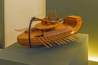 MILAN, ITALY - MAY 19, 2018: This is a model ship with a movable ram, one of the inventions of Leonardo da Vinci, in the Museum of Science and Technology named after Leonardo da Vinci.