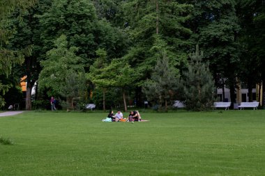 Kötü REICHENHENHALL, ALMANY - 19 Mayıs 2024: Tanımlanamayan insanlar Rupertuspark 'ta bir bahar akşamı çimenlikte dinlenirler.