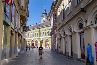 EGER, HUNGARY - 27 Mayıs 2024: Bu şehir merkezindeki 19. yüzyıl binalarıyla dolu sokaklardan biri.