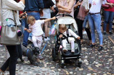 VERONA, İTALYA - 13 Mayıs 2018: Bunlar şehrin antik sitesinde turist kalabalığında köpekle oynayan kimliği belirsiz çocuklar..