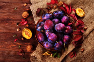 Koyu ahşap yüzeyi kil tabakta olgun sulu Erik. Vejetaryen kavramı. Mevsim meyveleri.