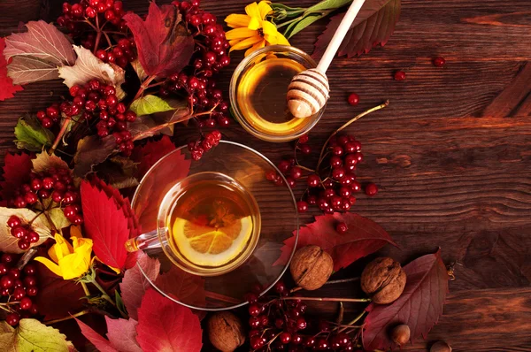 用蜂蜜、 茶、 草本、 浆果和五颜六色的鲜花，棕色的木质表面上的秋天背景。地方为书面文本或食谱 — 图库照片