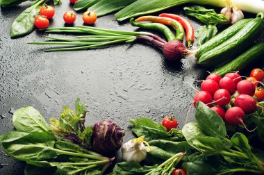 Taze sulu sebze ve yeşillik, soğan gibi, domates, ıspanak, acı biber, sarımsak, lahana, kohlrabi, ve siyah bir yüzey üzerinde turp. Sebze arka planı. Vegan kavramı. Metin için alan