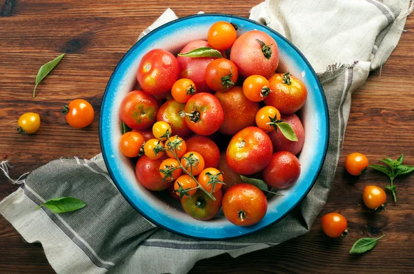 Teller mit Bio-Tomaten in verschiedenen Farben und Größen auf braunem Holzgrund. Veganes Konzept. pflanzlicher Hintergrund (Tapete) — Stockfoto