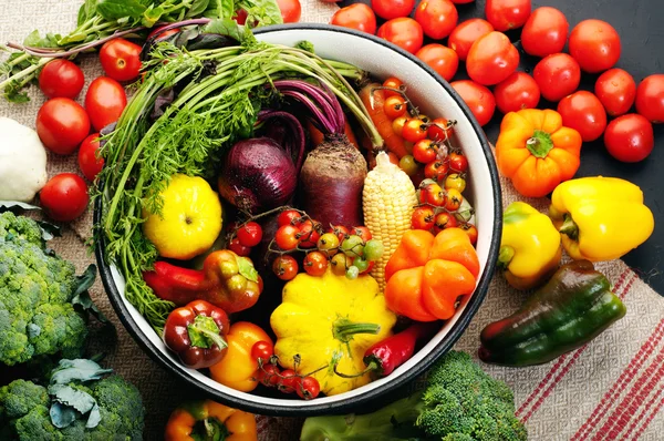 Bio-Lebensmittel-Konzept. eine Schüssel mit frischem saftig gefärbtem Gemüse. helle Paprika, Kirschtomaten, Kürbis, Zwiebeln, Karotten und Rüben. vegetarische, vegane Produkte. Gemüsetapete — Stockfoto