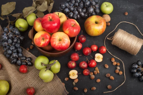 Stillleben mit Äpfeln verschiedener Sorten, Trauben und Nüssen auf dunklem Hintergrund. Vegetarisches Konzept — Stockfoto