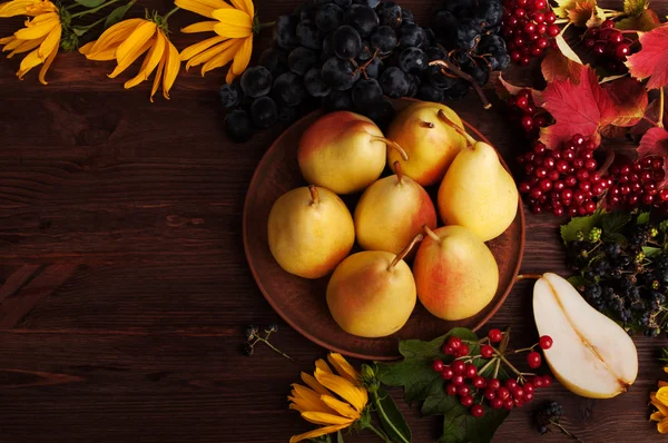 秋の静物。梨、ブドウ、クランベリー、ブラックベリー、暗い背景の木の黄色い花。テキストを書くための場所です。菜食主義の概念. — ストック写真