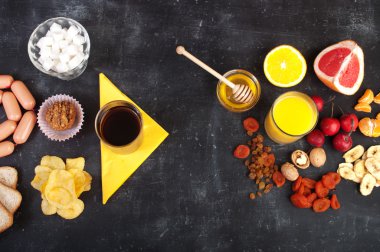 The concept of 'Easy way to to a healthy lifestyle'. Useful and harmful products on a blackboard, or how to replace harmful products are useful products.