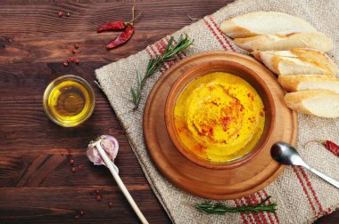 Mashed chickpeas with turmeric. Vegetarian concept.