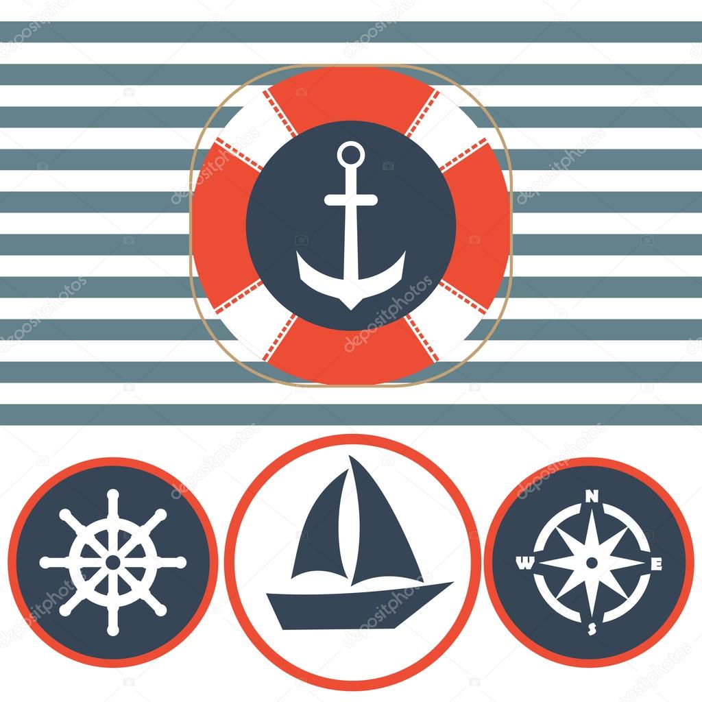 Nautical icon set. Anchor, lifebuoy, ship steering wheel
