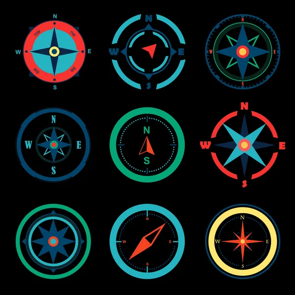 Compass platte pictogrammen ingesteld. Vectorillustratie — Stockvector