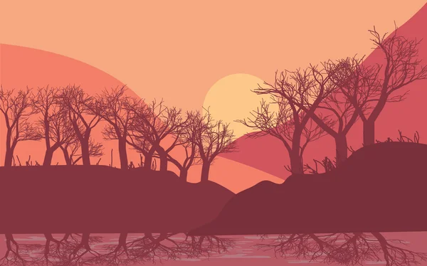 Illustration von Sonnenaufgang oder Sonnenuntergang in Wald und Gebirge. — Stockvektor