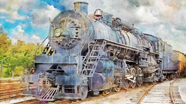 Digital watercolor painting of an old time worn train engine