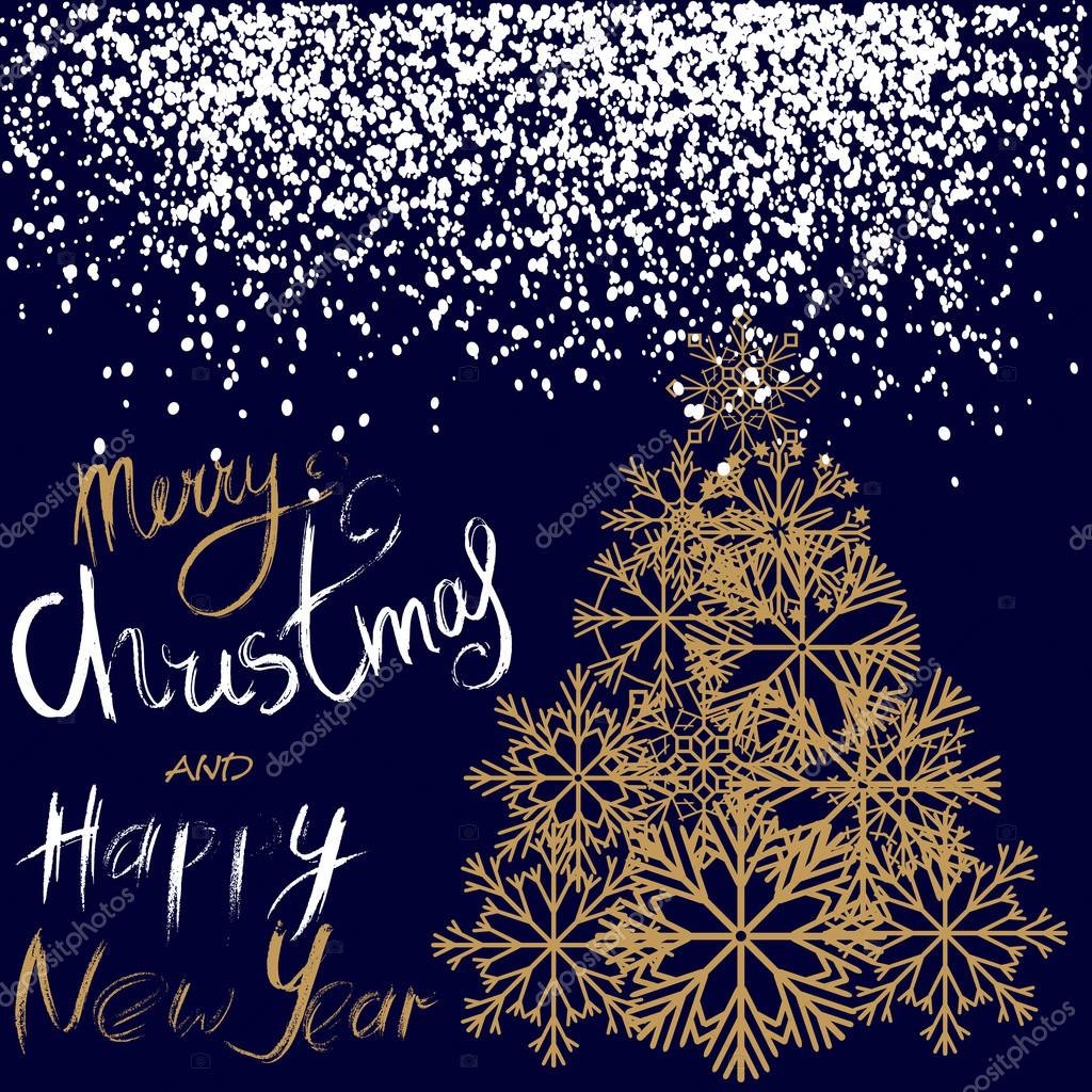 Karácsonyi és BUÉK kézzel írott betűkkel sötétkék háttérrel. Arany karácsonyfa a hópelyhek